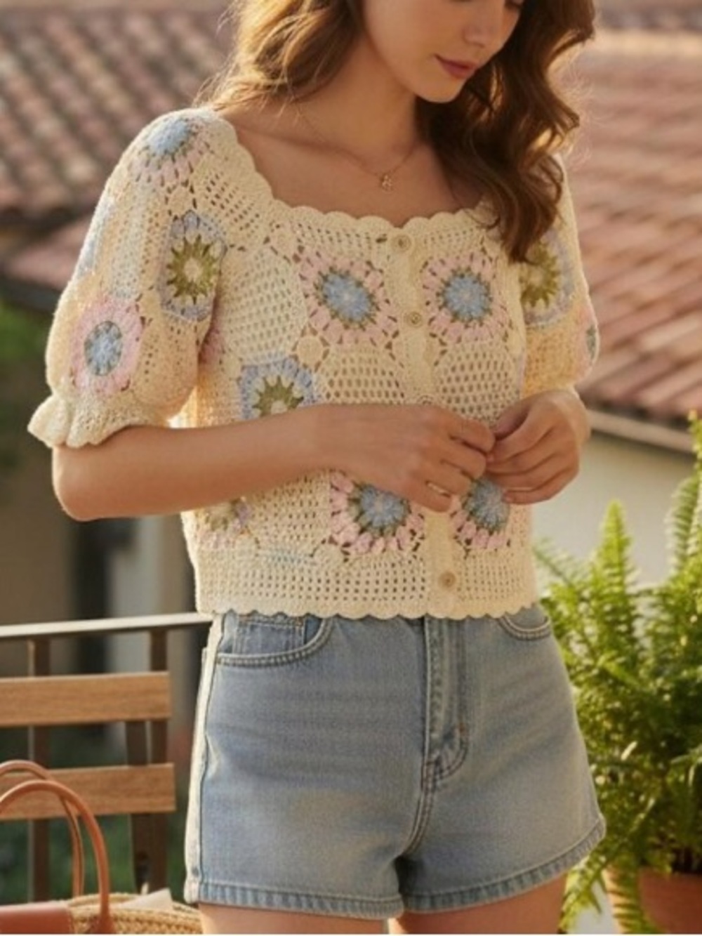 Threaded Leaf Crochet Cream Floral Button-Front Short Sleeve Top Size S/M NWOT